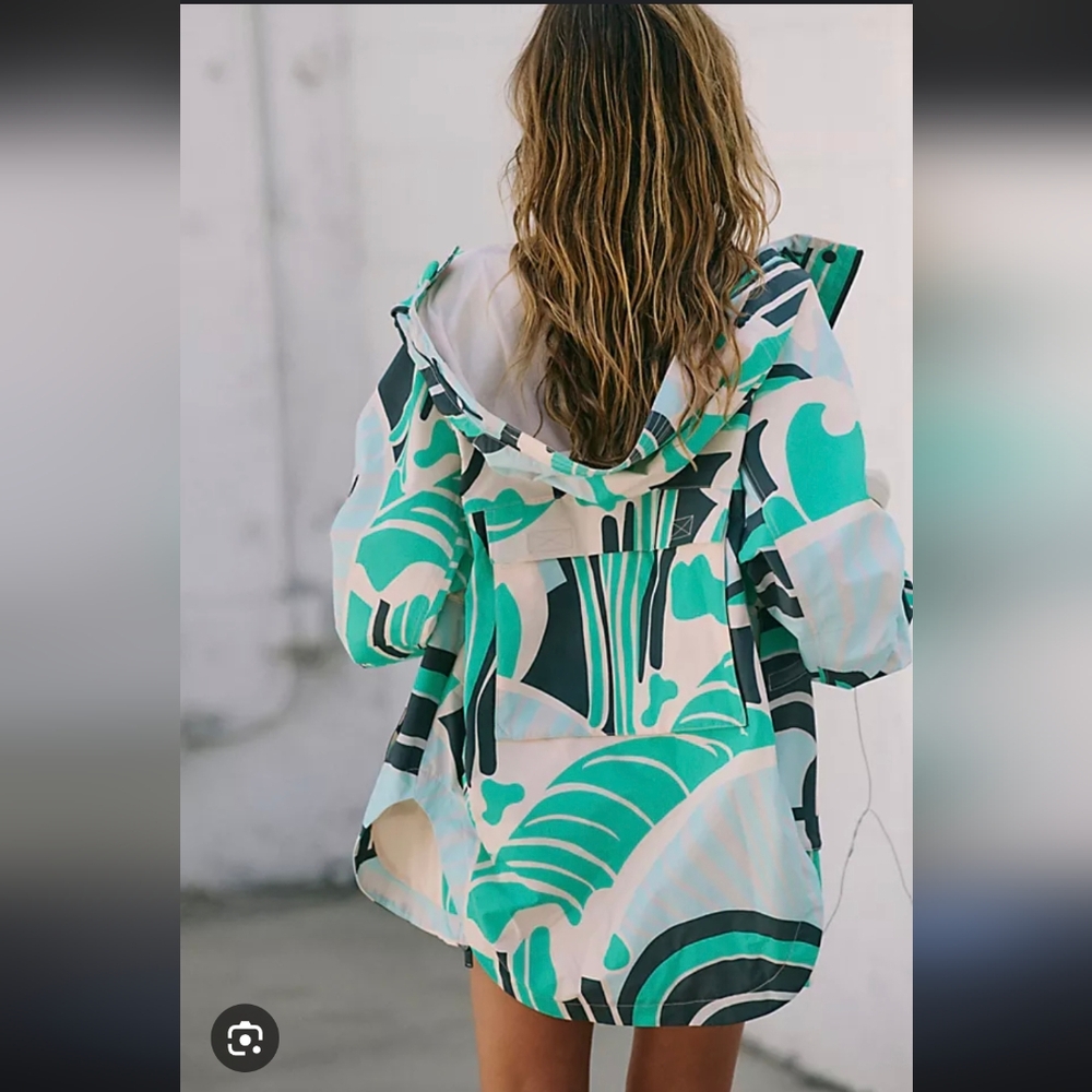 Free People Teal, White & Black Abstract Hooded Jacket